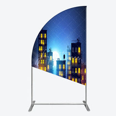 Aperturee - Aperturee Dreamy Night City Half Moon Arch Backdrop featuring Glowing Windows and a Starry Full Moon