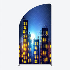 Aperturee - Aperturee Dreamy Night City Half Moon Arch Backdrop featuring Glowing Windows and a Starry Full Moon