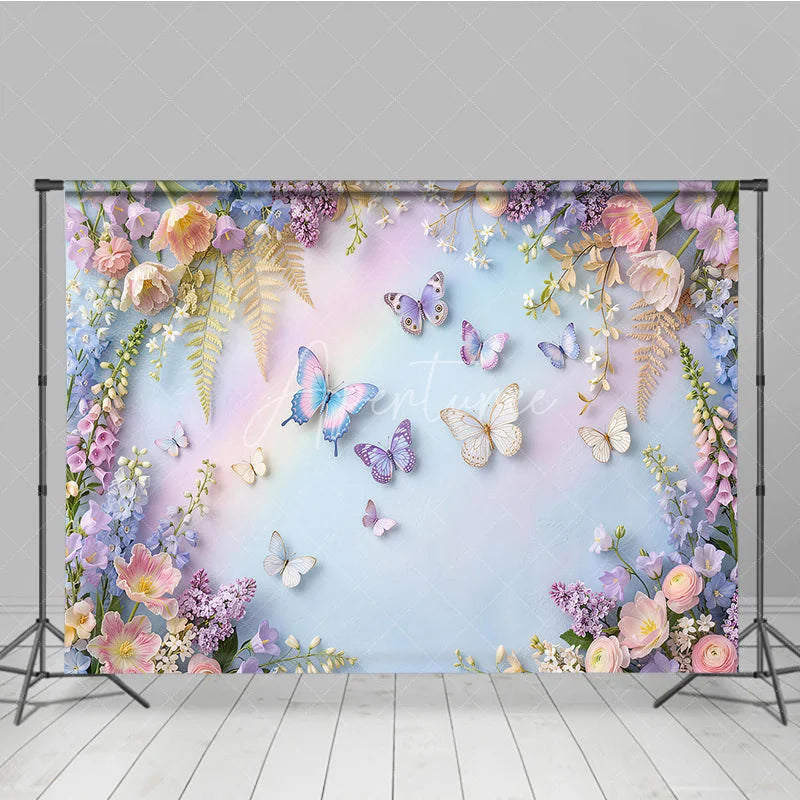 Aperturee - Aperturee Dreamy Pastel Butterfly and Floral Photography Backdrop Whimsical Spring Garden Photo Booth Decor