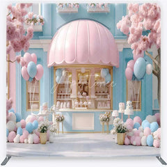 Aperturee - Aperturee Dreamy Pastel Pink and Blue Sweet Shop Square Double-Sided Backdrop Cherry Blossom Bakery Birthday Party Decor