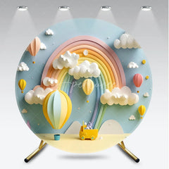 Aperturee - Aperturee Dreamy Pastel Rainbow Hot Air Balloon Round Backdrop Whimsical Baby Shower Birthday Party Decor
