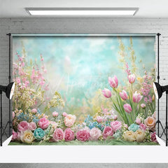 Aperturee - Aperturee Dreamy Pastel Spring Floral Backdrop Pink Tulip Rose Garden Studio Portrait Photography Background