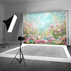 Aperturee - Aperturee Dreamy Pastel Spring Floral Backdrop Pink Tulip Rose Garden Studio Portrait Photography Background
