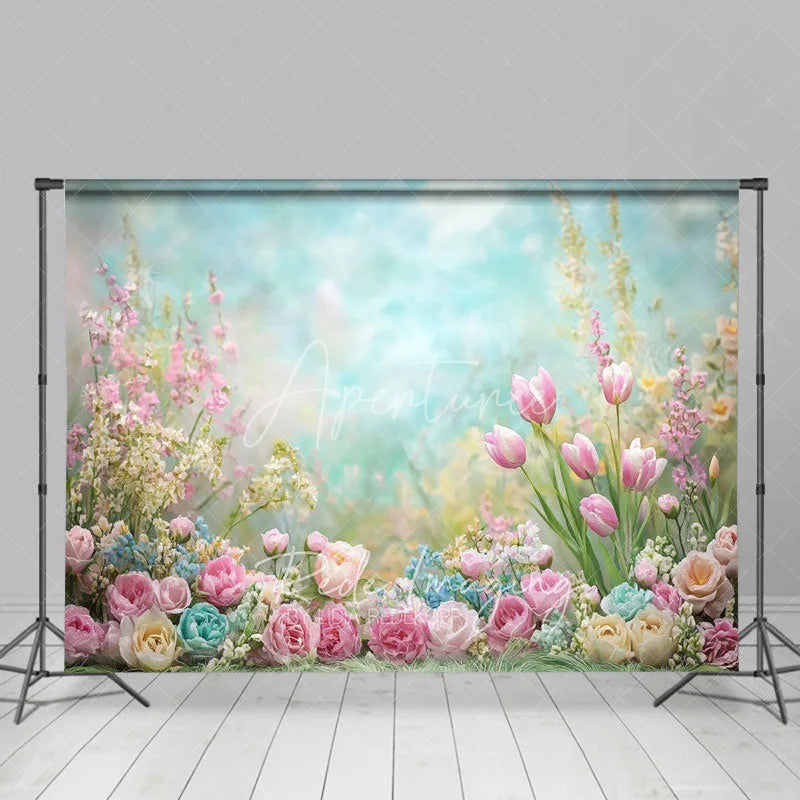 Aperturee - Aperturee Dreamy Pastel Spring Floral Backdrop Pink Tulip Rose Garden Studio Portrait Photography Background
