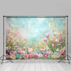 Aperturee - Aperturee Dreamy Pastel Spring Floral Backdrop Pink Tulip Rose Garden Studio Portrait Photography Background