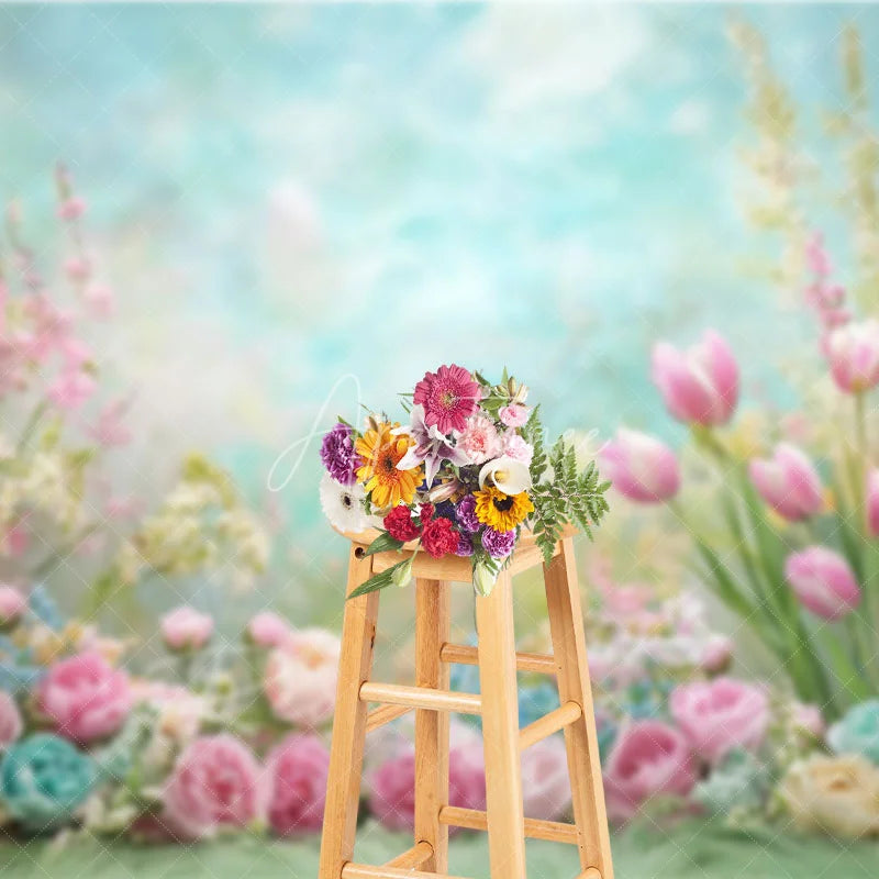 Aperturee - Aperturee Dreamy Pastel Spring Floral Backdrop Pink Tulip Rose Garden Studio Portrait Photography Background