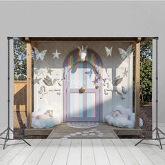 Aperturee - Aperturee Dreamy Pastel Unicorn Photography Backdrop with Rainbow Fringe and Clouds Magical Fairytale Birthday Party Decor