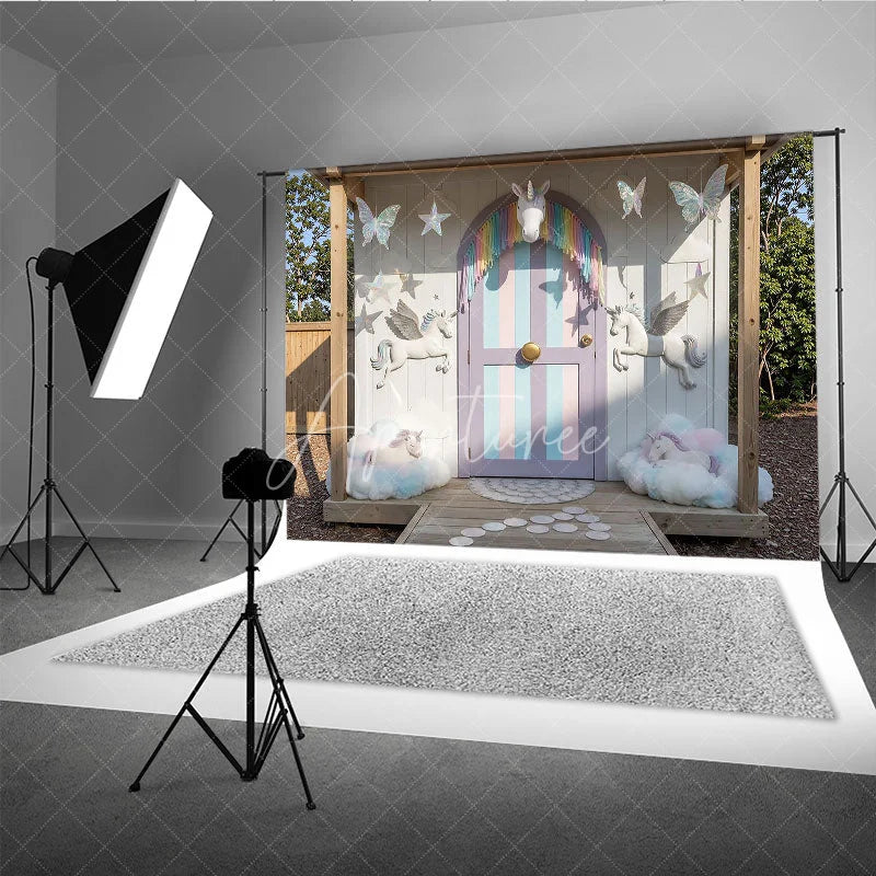 Aperturee - Aperturee Dreamy Pastel Unicorn Photography Backdrop with Rainbow Fringe and Clouds Magical Fairytale Birthday Party Decor