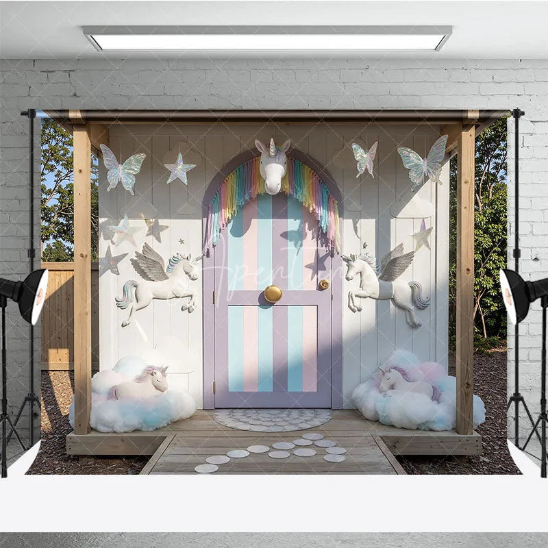 Aperturee - Aperturee Dreamy Pastel Unicorn Photography Backdrop with Rainbow Fringe and Clouds Magical Fairytale Birthday Party Decor