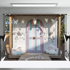 Aperturee - Aperturee Dreamy Pastel Unicorn Photography Backdrop with Rainbow Fringe and Clouds Magical Fairytale Birthday Party Decor