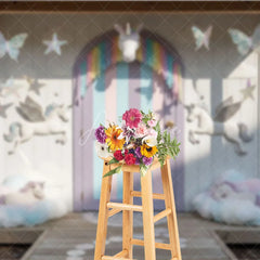 Aperturee - Aperturee Dreamy Pastel Unicorn Photography Backdrop with Rainbow Fringe and Clouds Magical Fairytale Birthday Party Decor