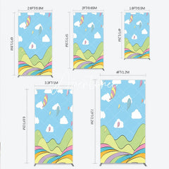 Aperturee - Aperturee Dreamy Pastel Whimsical Cartoon Landscape Rectangle Arch Backdrop Hills and Floating Balloons for Birthday Party