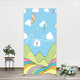 Aperturee - Aperturee Dreamy Pastel Whimsical Cartoon Landscape Rectangle Arch Backdrop Hills and Floating Balloons for Birthday Party