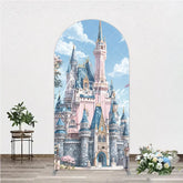 Aperturee - Aperturee Dreamy Pink and Blue Fairytale Castle Round Top Arch Backdrop Enchanted Princess Birthday Party Decor