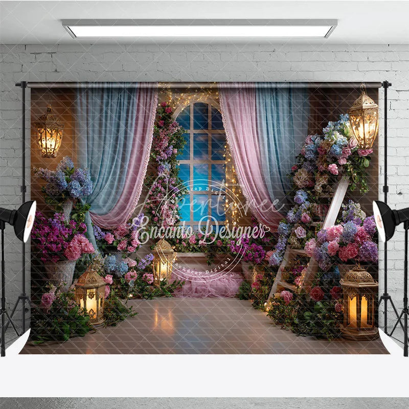 Aperturee - Aperturee Dreamy Pink and Blue Floral Window Photography Backdrop Enchanted Princess Garden for Baby Shower Birthday