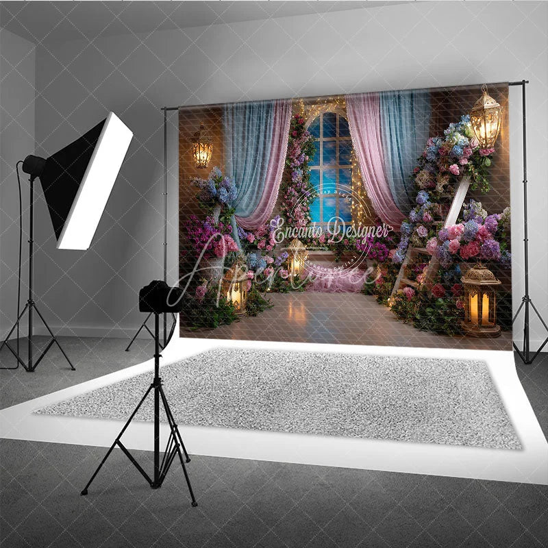 Aperturee - Aperturee Dreamy Pink and Blue Floral Window Photography Backdrop Enchanted Princess Garden for Baby Shower Birthday