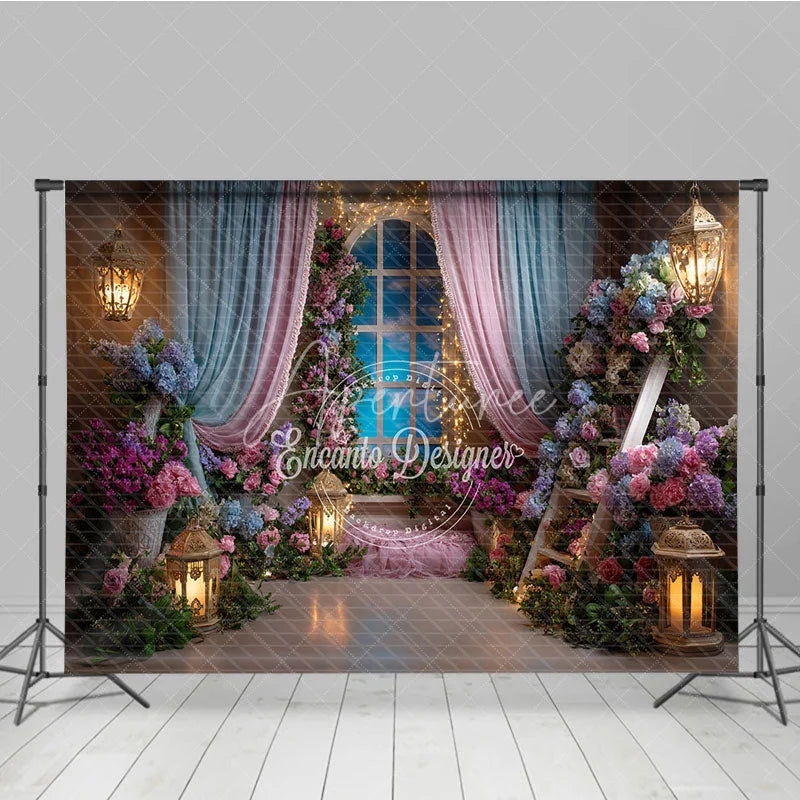 Aperturee - Aperturee Dreamy Pink and Blue Floral Window Photography Backdrop Enchanted Princess Garden for Baby Shower Birthday