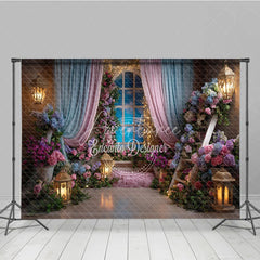 Aperturee - Aperturee Dreamy Pink and Blue Floral Window Photography Backdrop Enchanted Princess Garden for Baby Shower Birthday