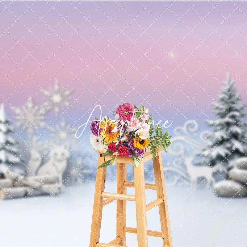 Aperturee - Aperturee Dreamy Pink and Blue Winter Photography Backdrop with Snowflakes Fox Deer and Pine Trees