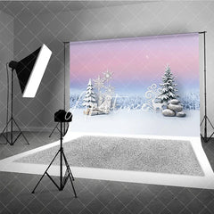 Aperturee - Aperturee Dreamy Pink and Blue Winter Photography Backdrop with Snowflakes Fox Deer and Pine Trees