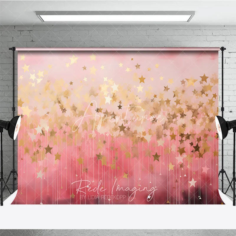 Aperturee - Aperturee Dreamy Pink and Gold Falling Stars Photography Backdrop Elegant Magical Celebration Party Decor for Girls