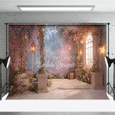 Aperturee - Aperturee Dreamy Pink Cherry Blossom Photography Backdrop Enchanted Garden with Stone Pillars and Glowing Lanterns