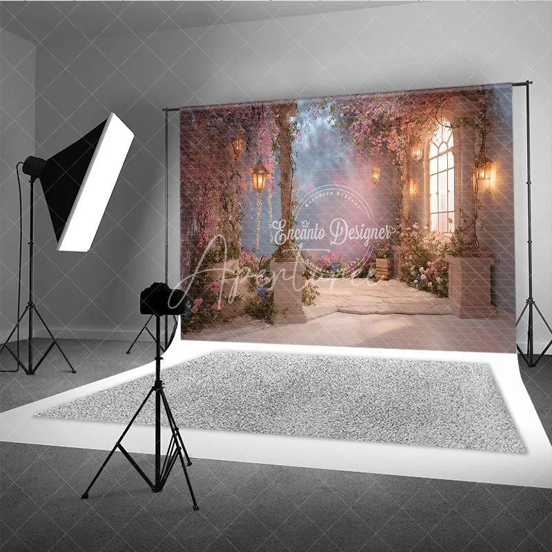 Aperturee - Aperturee Dreamy Pink Cherry Blossom Photography Backdrop Enchanted Garden with Stone Pillars and Glowing Lanterns