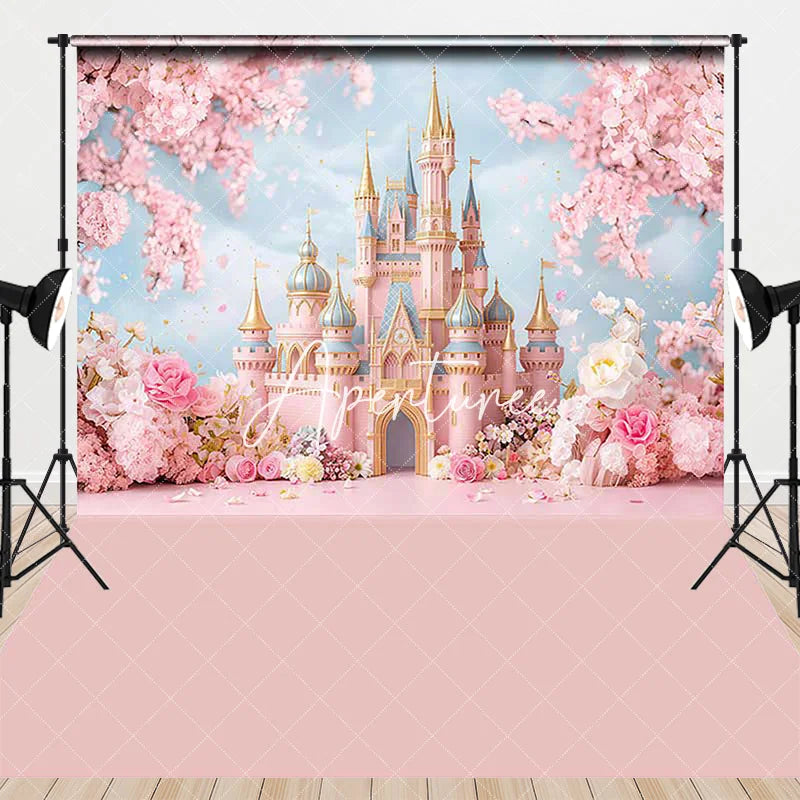 Aperturee - Aperturee Dreamy Pink Fairy Tale Castle Cherry Blossom Flowers Combo Set Backdrop Princess Birthday Baby Shower Decor