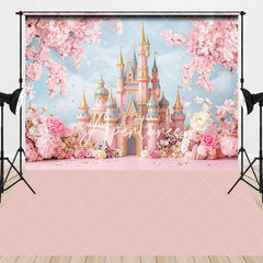 Aperturee - Aperturee Dreamy Pink Fairy Tale Castle Cherry Blossom Flowers Combo Set Backdrop Princess Birthday Baby Shower Decor
