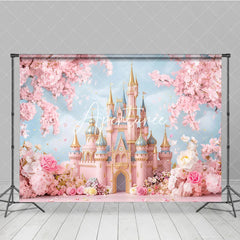 Aperturee - Aperturee Dreamy Pink Fairy Tale Castle Photography Backdrop with Cherry Blossoms and Floral Garden for Princess Birthday Party