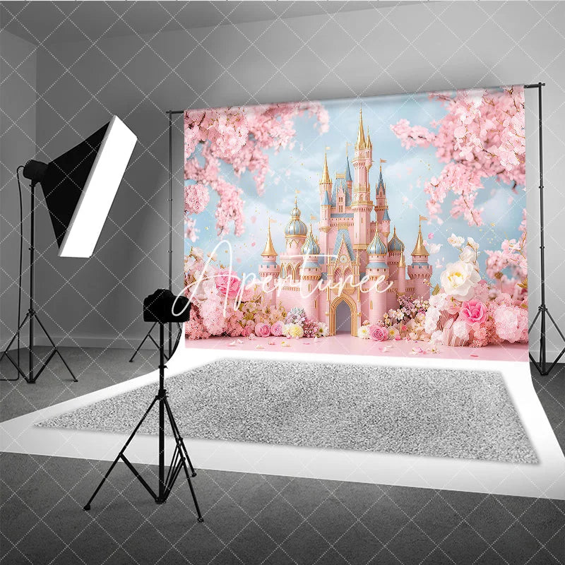 Aperturee - Aperturee Dreamy Pink Fairy Tale Castle Photography Backdrop with Cherry Blossoms and Floral Garden for Princess Birthday Party