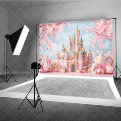 Aperturee - Aperturee Dreamy Pink Fairy Tale Castle Photography Backdrop with Cherry Blossoms and Floral Garden for Princess Birthday Party