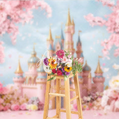 Aperturee - Aperturee Dreamy Pink Fairy Tale Castle Photography Backdrop with Cherry Blossoms and Floral Garden for Princess Birthday Party