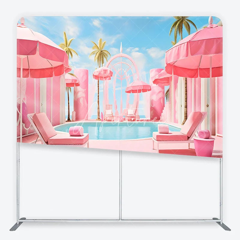 Aperturee - Aperturee Dreamy Pink Poolside Resort with Palm Trees and Umbrellas Square Double-Sided Backdrop Tropical Summer Party Decor