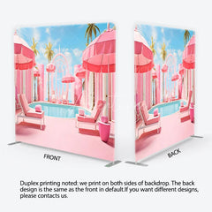Aperturee - Aperturee Dreamy Pink Poolside Resort with Palm Trees and Umbrellas Square Double-Sided Backdrop Tropical Summer Party Decor