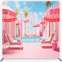 Aperturee - Aperturee Dreamy Pink Poolside Resort with Palm Trees and Umbrellas Square Double-Sided Backdrop Tropical Summer Party Decor
