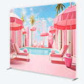 Aperturee - Aperturee Dreamy Pink Poolside Resort with Palm Trees and Umbrellas Square Double-Sided Backdrop Tropical Summer Party Decor