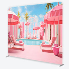 Aperturee - Aperturee Dreamy Pink Poolside Resort with Palm Trees and Umbrellas Square Double-Sided Backdrop Tropical Summer Party Decor