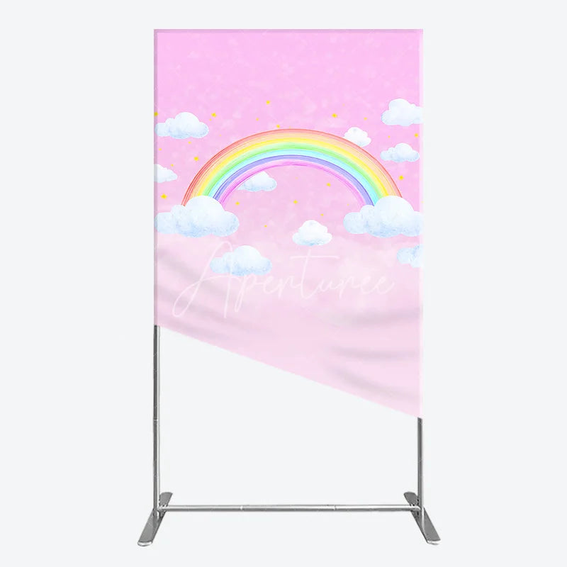 Aperturee - Aperturee Dreamy Pink Sky Rainbow and Clouds Rectangle Arch Backdrop Whimsical Ethereal Stars Baby Shower Decor