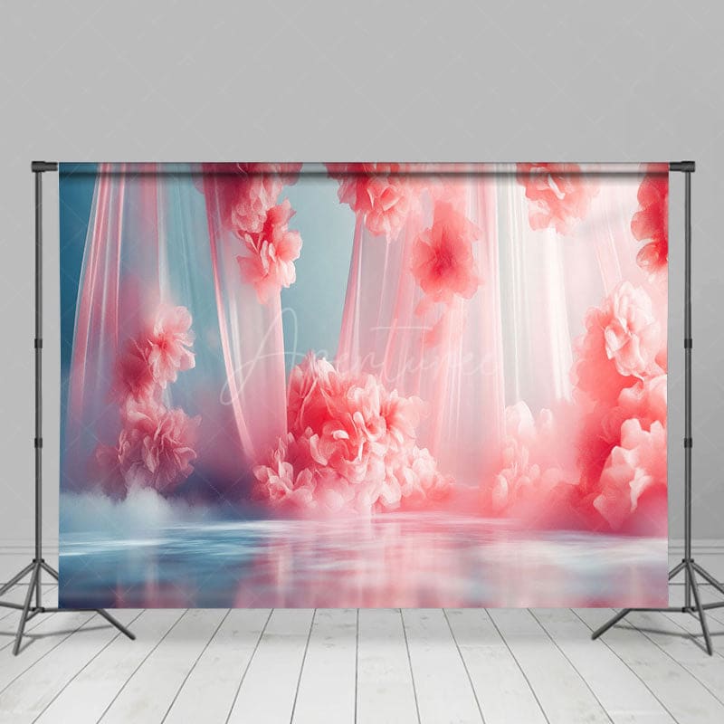Aperturee - Aperturee Dreamy Pink Tulle Flowers Wedding Photo Backdrop