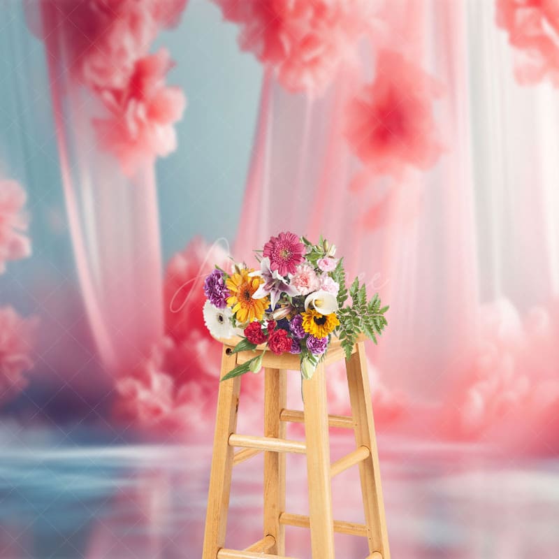 Aperturee - Aperturee Dreamy Pink Tulle Flowers Wedding Photo Backdrop