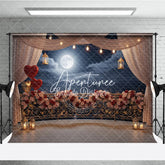 Aperturee - Aperturee Dreamy Romantic Balcony Photography Backdrop with Full Moon Rose Garland String Lights and Heart Balloons.