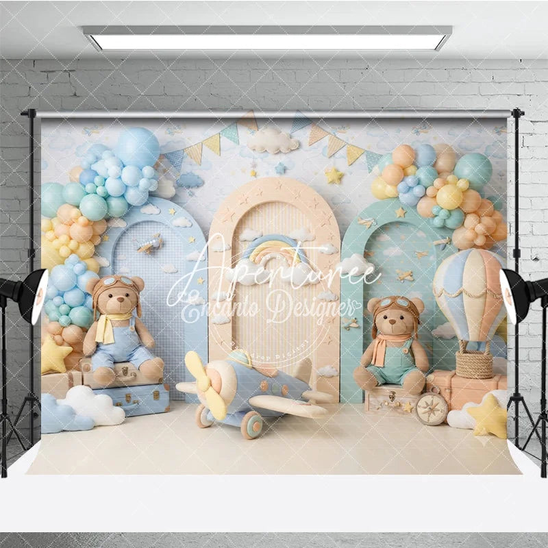 Aperturee - Aperturee Dreamy Teddy Bear Aviator Photography Backdrop with Hot Air Balloon and Airplane for Baby Shower Birthday Party