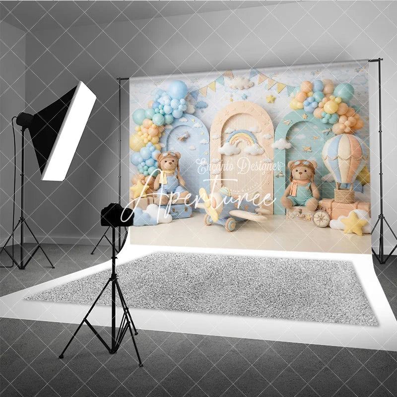 Aperturee - Aperturee Dreamy Teddy Bear Aviator Photography Backdrop with Hot Air Balloon and Airplane for Baby Shower Birthday Party