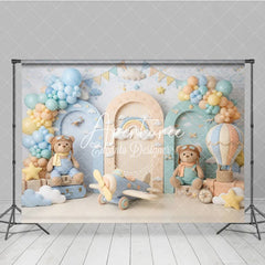 Aperturee - Aperturee Dreamy Teddy Bear Aviator Photography Backdrop with Hot Air Balloon and Airplane for Baby Shower Birthday Party