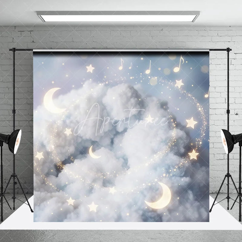 Aperturee - Aperturee Dreamy White Clouds and Golden Moons Stars Musical Notes Photography Backdrop Celestial Baby Shower Birthday Decor