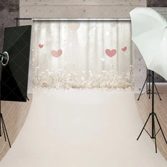 Aperturee - Aperturee Dreamy White Floral and Pink Hearts Sweep Backdrop Romantic Sparkling Lights for Valentine’s Day Wedding