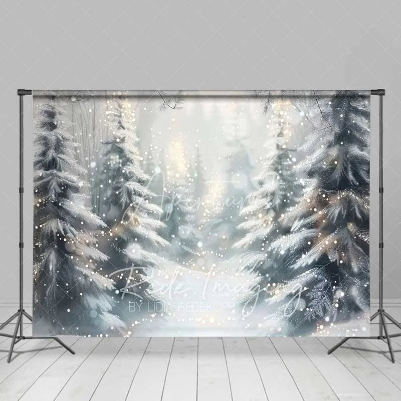Aperturee - Aperturee Dreamy Winter Forest Backdrop Snowy Pine Trees Bokeh Lights Soft Focus Nature Photo Background