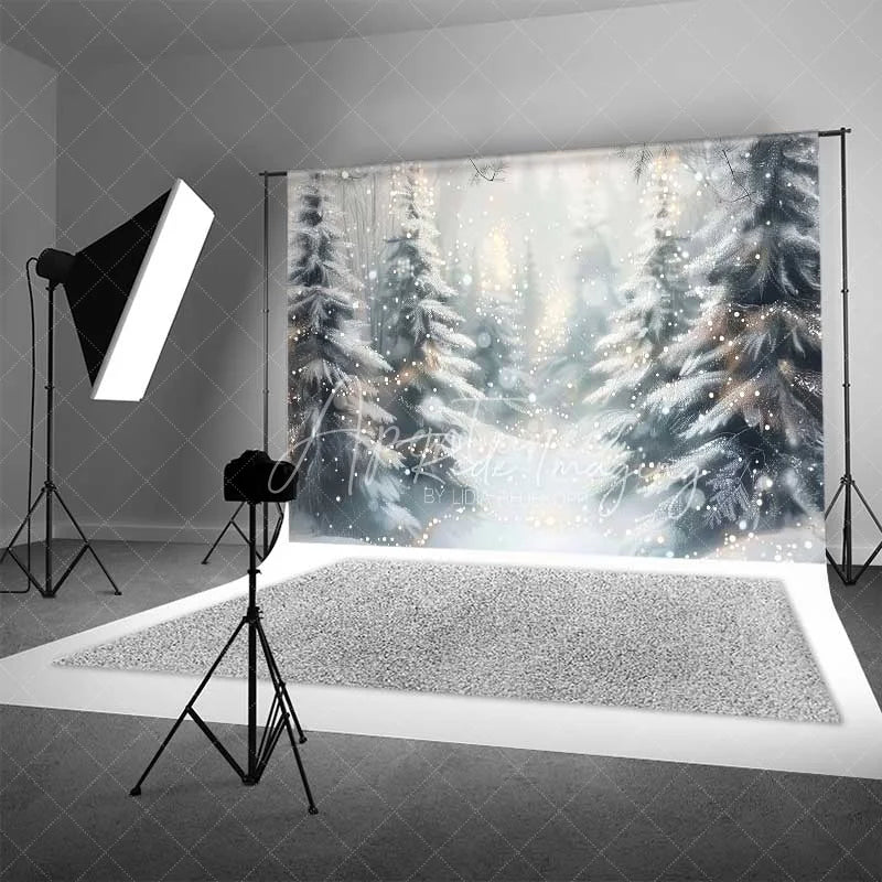 Aperturee - Aperturee Dreamy Winter Forest Backdrop Snowy Pine Trees Bokeh Lights Soft Focus Nature Photo Background
