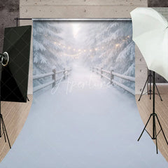 Aperturee - Aperturee Dreamy Winter Wonderland Sweep Backdrop with Snow Covered Pine Trees and Festive String Lights